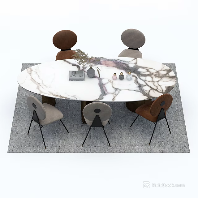 Modern Oval Marble Dining Table Set With Four Chairs And Gray Rug 3d model 