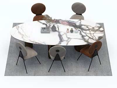 Modern Oval Marble Dining Table Set With Four Chairs And Gray Rug 3d model