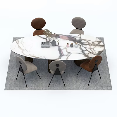 Modern Oval Marble Dining Table Set With Four Chairs And Gray Rug 3d model