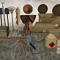 Traditional Industrial Equipment Collection Featuring Shovels Rakes Stone Mill And Wooden Containers