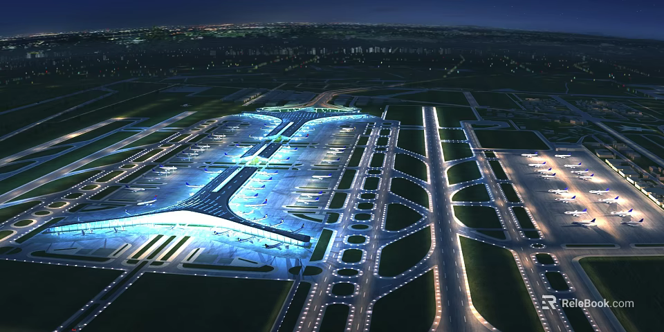 Aerial View Planning of Illuminated Airport Night Layout With Terminal Building And Runways 3d model 