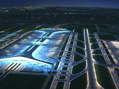 Aerial View Planning of Illuminated Airport Night Layout With Terminal Building And Runways 3d model