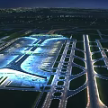 Aerial View Planning of Illuminated Airport Night Layout With Terminal Building And Runways