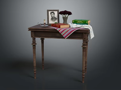 Classic Wooden Desk with Carved Legs Framed Photo Vase Books and Striped Cloth 3d model