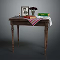 Classic Wooden Desk with Carved Legs Framed Photo Vase Books and Striped Cloth