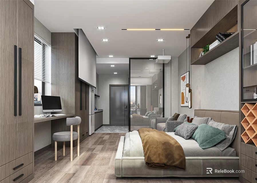 Modern Apartment Interior Design With Open Layout Bed Sofa Desk And Wooden Floor 3d model 