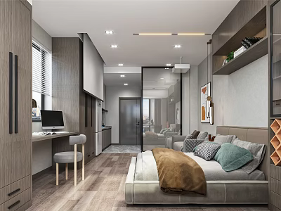 Modern Apartment Interior Design With Open Layout Bed Sofa Desk And Wooden Floor 3d model