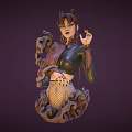 Woman With Horns Pigtails And Twisted Arm Accessories In Black Leather And Fishnet Stockings