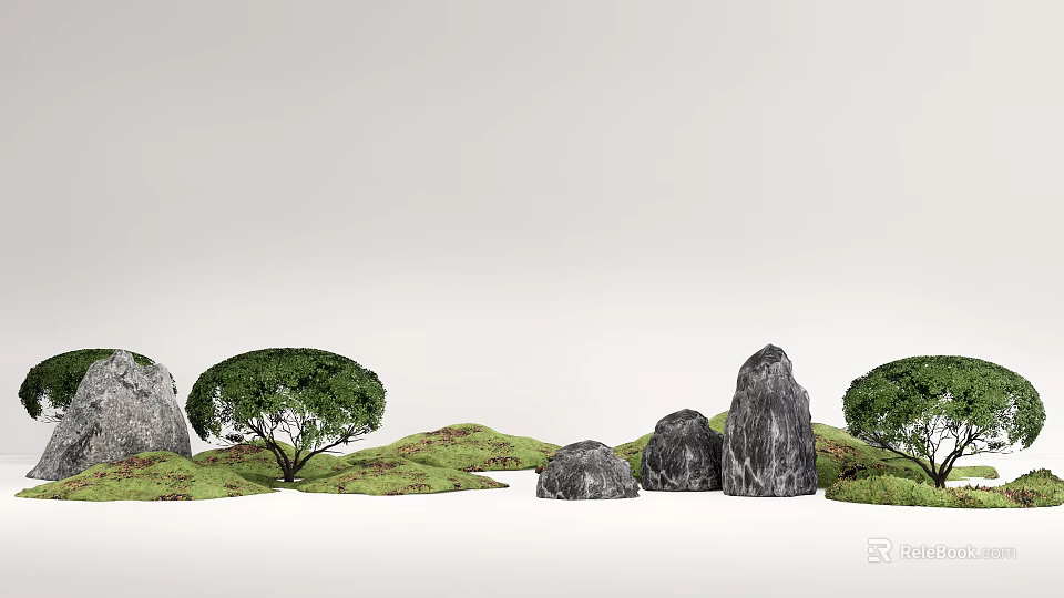 Garden Ornaments Featuring Natural Rocks Green Trees And Lush Grass 3d model 