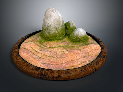 Wooden Circular Base With Mossy Stone Rocks And Natural Wave Texture 3d model