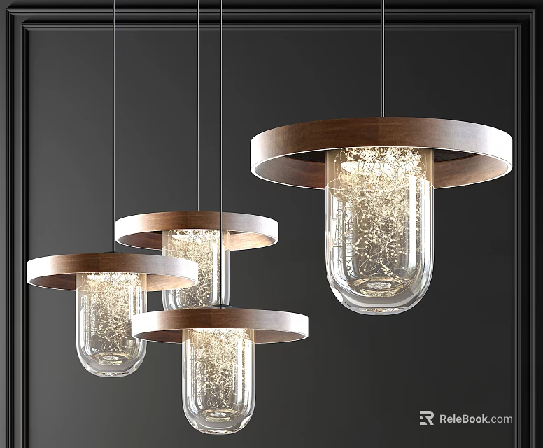 Modern Four Wooden Rim Glass Pendant Lights with Warm Illuminated Glow 3d model 