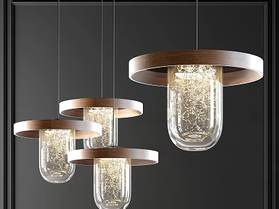 Modern Four Wooden Rim Glass Pendant Lights with Warm Illuminated Glow 3d model
