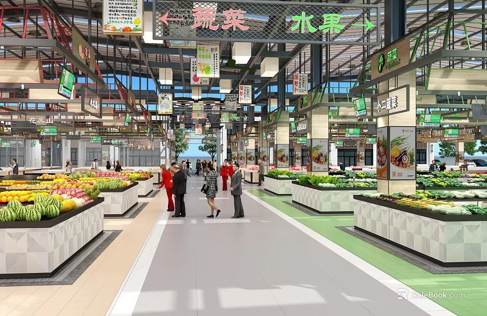 Supermarket Fresh Produce Area With Vegetable Fruit Stalls And Customers Shopping 3d model 