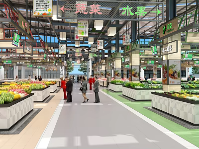 Supermarket Fresh Produce Area With Vegetable Fruit Stalls And Customers Shopping 3d model