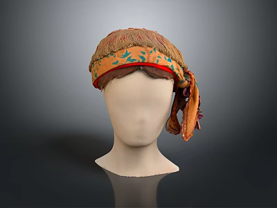 Orange Textured Headscarf With Green Leaf Pattern Red Trim Tied On Mannequin Head 3d model