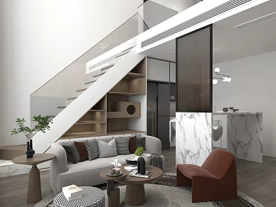Modern Apartment Interior With Staircase Storage Cozy Seating And Marble Accents 3d model