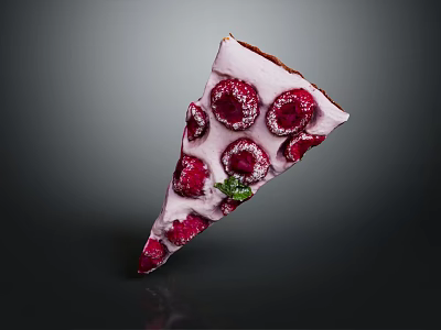 Delicious Triangular Dessert Slice with White Frosting Red Raspberries Green Mint Leaves and Powdered Sugar 3d model