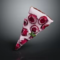 Delicious Triangular Dessert Slice with White Frosting Red Raspberries Green Mint Leaves and Powdered Sugar