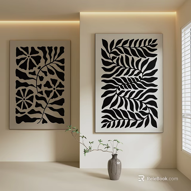 Modern Abstract Painting With Black Leaf And Flower Patterns On Light Wall 3d model