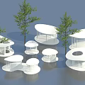 Modern Pergola Outdoor Design With White Circular Structures And Green Trees 3d model