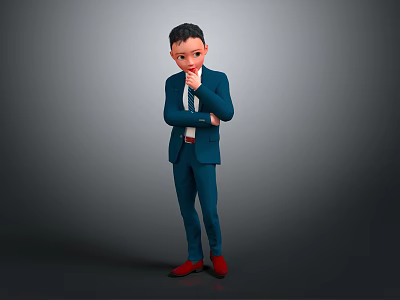 Animated Cartoon Character Man In Blue Suit With Red Shoes Thinking Pose On Gray Background 3d model