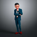 Animated Cartoon Character Man In Blue Suit With Red Shoes Thinking Pose On Gray Background