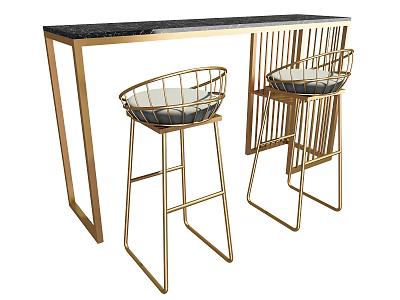 Stylish Bar Counter With Gold Frame Black Countertop And White Seat Bar Stools 3d model