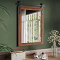Wooden Frame Mirror on Green Wall Reflecting White Barred Window with Dried Flowers Vase