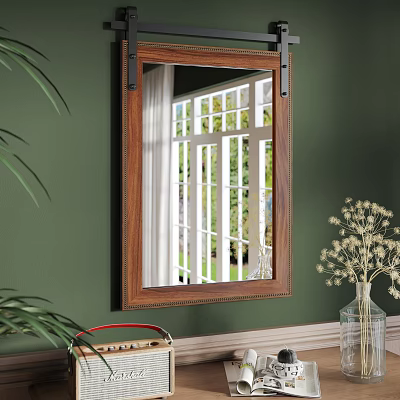 Wooden Frame Mirror on Green Wall Reflecting White Barred Window with Dried Flowers Vase 3d model