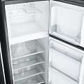 Modern Black Stainless Steel Refrigerator and Freezer with Open Door Interior Shelves and Drawers