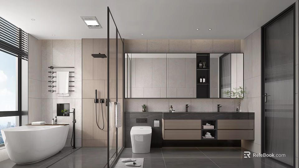Sleek Modern Bathroom Interior Design With Glass Shower Bathtub Double Vanity And Large Mirror 3d model 