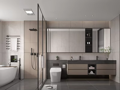 Sleek Modern Bathroom Interior Design With Glass Shower Bathtub Double Vanity And Large Mirror 3d model