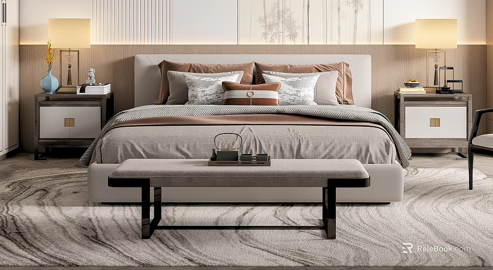 Modern Double Bed With Beige Headboard Multiple Pillows Bench Bedside Tables And Lamps 3d model