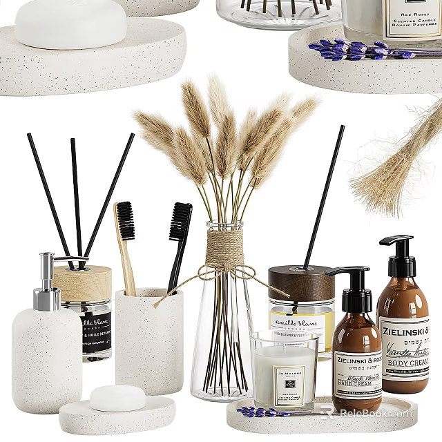 Elegant Daily Washing Essentials with Reed Diffuser Toothbrushes Hand Soap Candle and Pampas Grass 3d model 