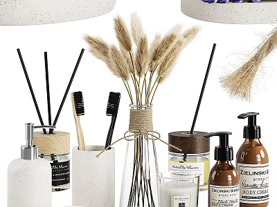 Elegant Daily Washing Essentials with Reed Diffuser Toothbrushes Hand Soap Candle and Pampas Grass 3d model