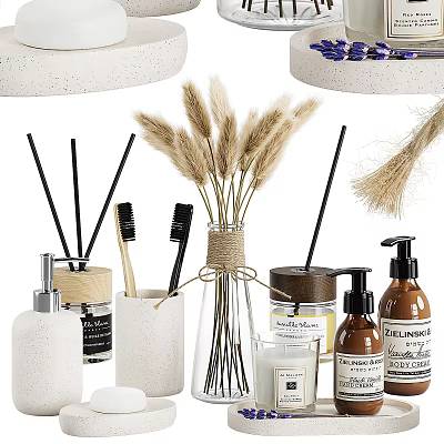 Elegant Daily Washing Essentials with Reed Diffuser Toothbrushes Hand Soap Candle and Pampas Grass 3d model