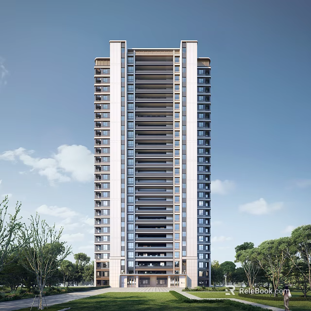 Modern High Rise Residential Building With Green Trees And Blue Sky White Clouds 3d model 