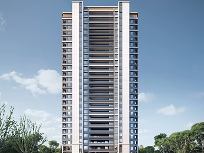 Modern High Rise Residential Building With Green Trees And Blue Sky White Clouds 3d model