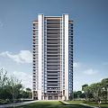 Modern High Rise Residential Building With Green Trees And Blue Sky White Clouds