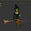 Woman With Red Hair Wearing Black Witch Hat Sitting On Broomstick Holding Blue Magical Object