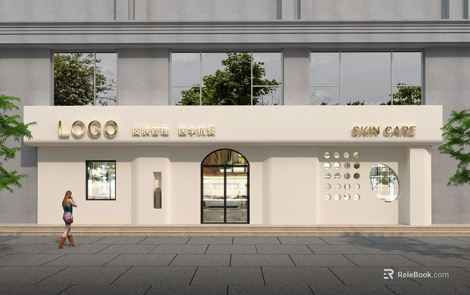 Modern Beauty Center Storefront With White Facade Glass Door And Skin Care Signage 3d model 