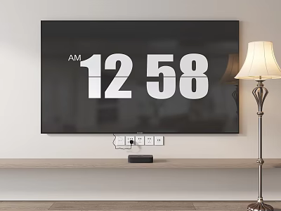 Modern Living Room TV with Digital Clock Display Table Lamp and Media Devices on Stand 3d model