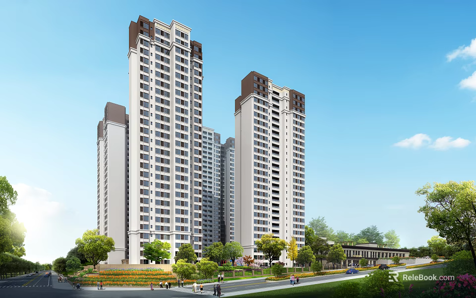 Modern High Rise Residential Building With Greenery Trees And Road Surroundings 3d model 
