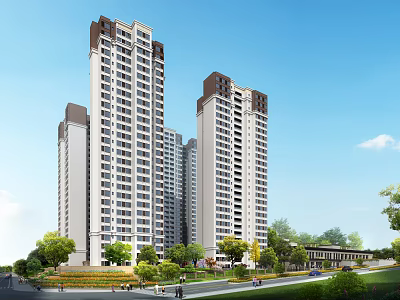 Modern High Rise Residential Building With Greenery Trees And Road Surroundings 3d model