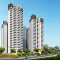 Modern High Rise Residential Building With Greenery Trees And Road Surroundings