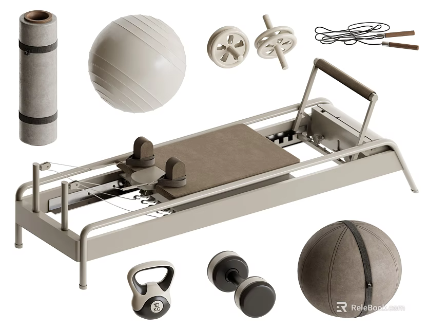 Yoga Studio Essential Fitness Equipment Including Pilates Reformer Yoga Ball Mat Dumbbells Kettlebell Jump Rope 3d model 