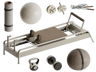 Yoga Studio Essential Fitness Equipment Including Pilates Reformer Yoga Ball Mat Dumbbells Kettlebell Jump Rope 3d model
