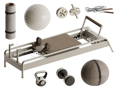 Yoga Studio Essential Fitness Equipment Including Pilates Reformer Yoga Ball Mat Dumbbells Kettlebell Jump Rope 3d model