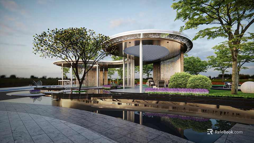 Modern Circular Pergola With Water Pool And Green Plants In Outdoor Garden 3d model 