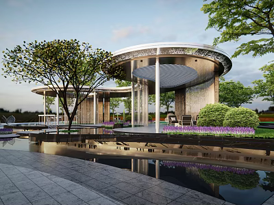 Modern Circular Pergola With Water Pool And Green Plants In Outdoor Garden 3d model
